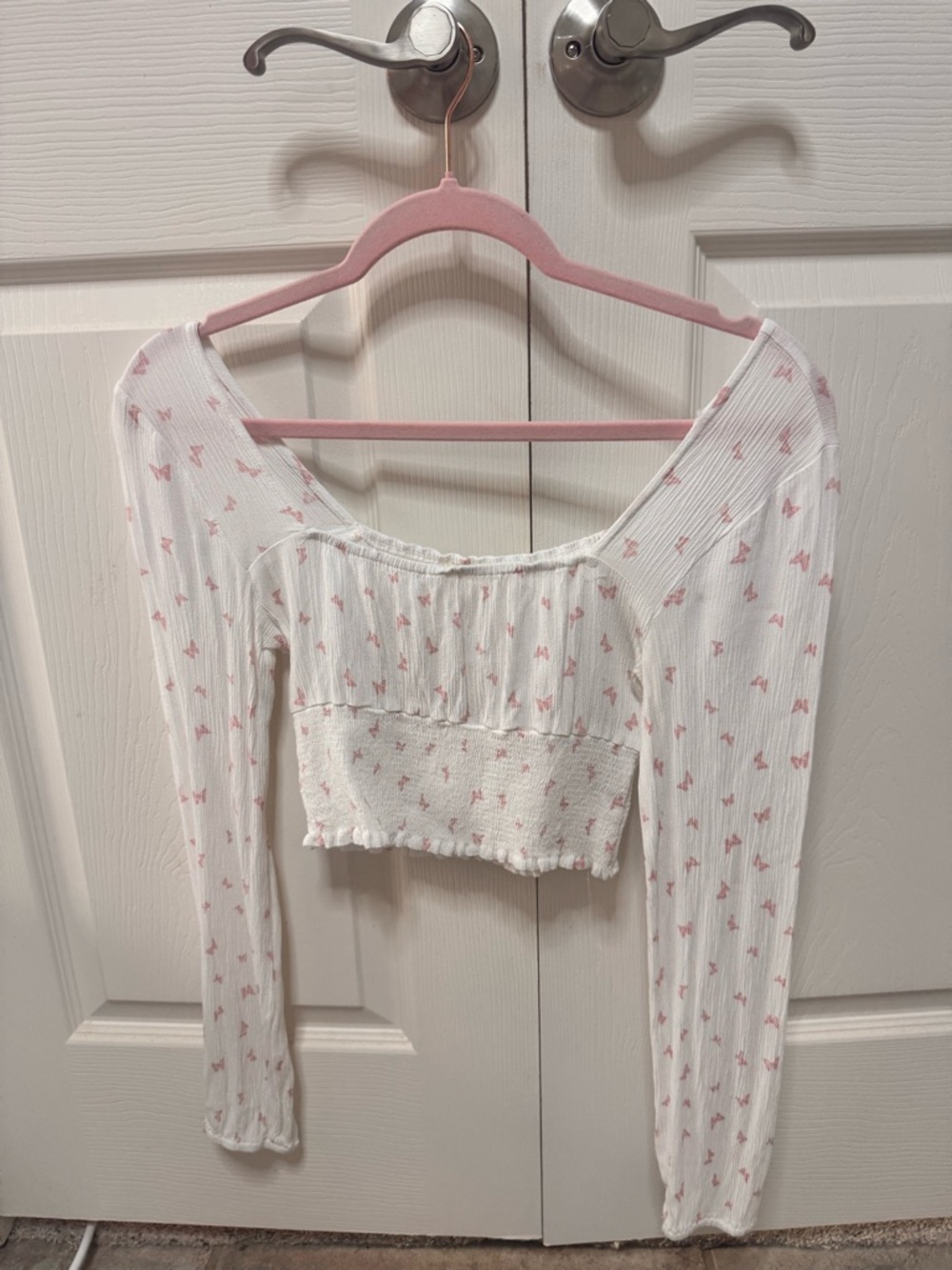 White and Light Pink Butterfly Long-Sleeve Top